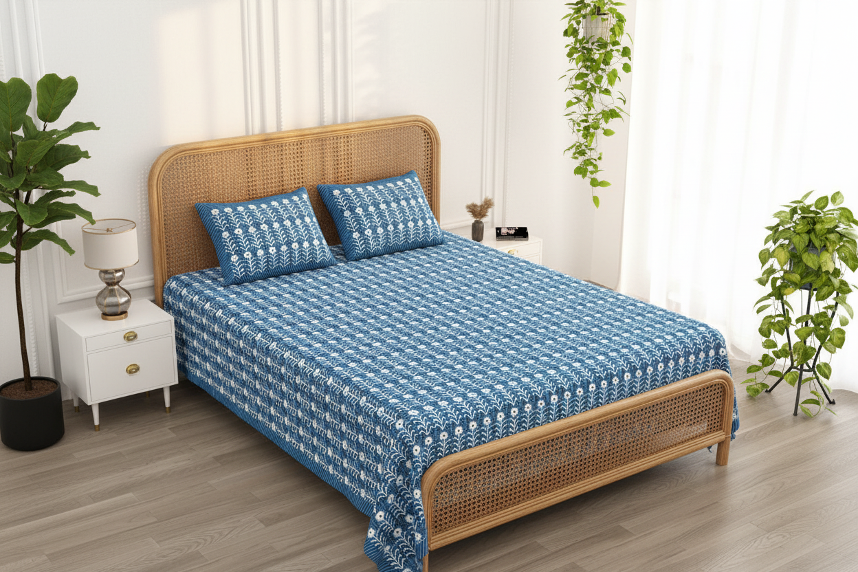Nutan - Indigo blue and white | Everyday 100% cotton bedsheet |super king size