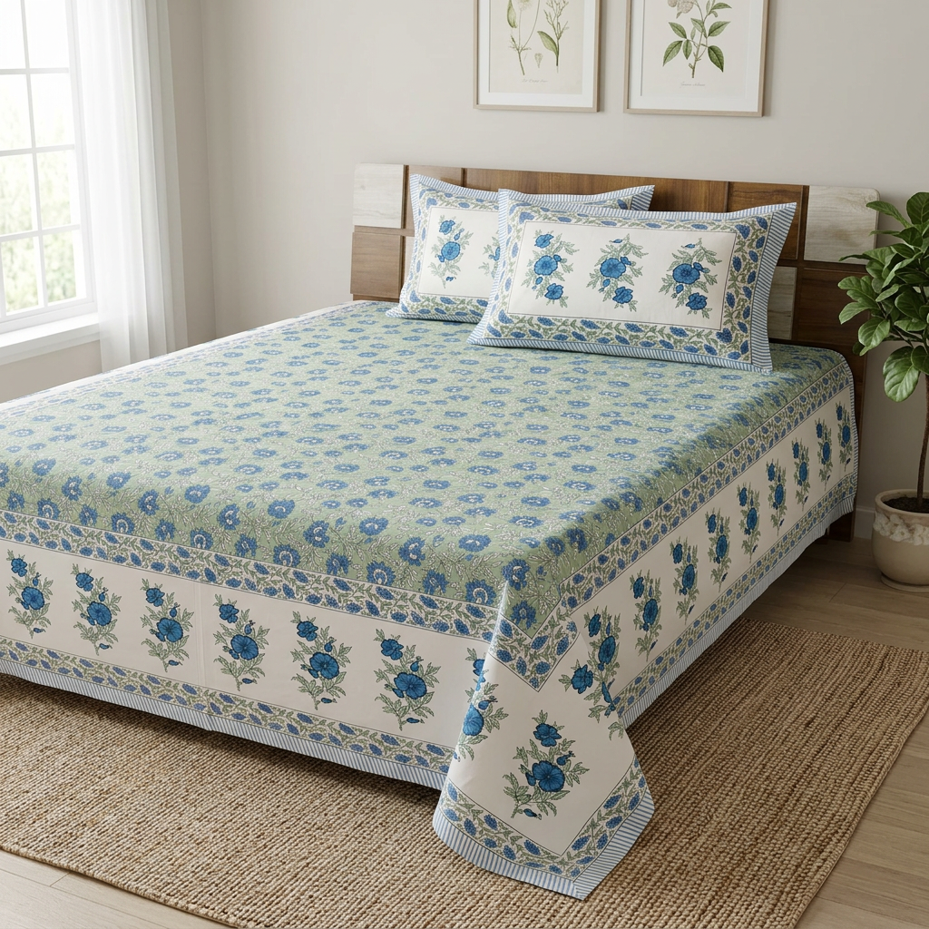 Front view of blue and green floral bedding