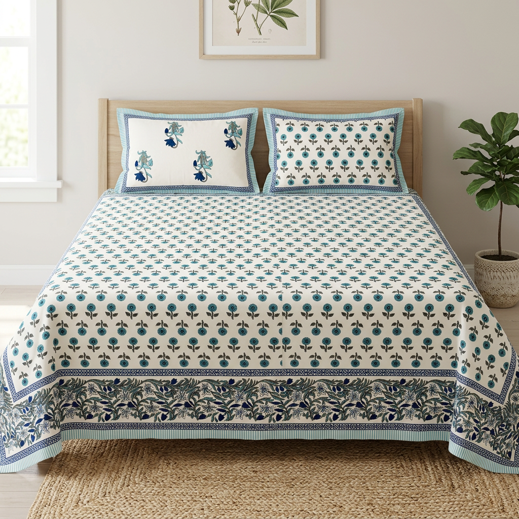 Front view of blue floral bedding