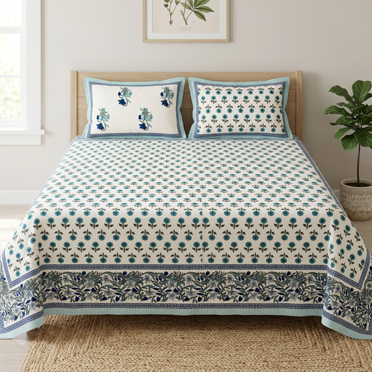 Front view of blue floral bedding