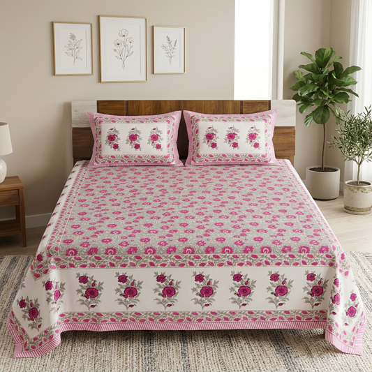 Front view of the grey-and-pink bedsheet in the styled bedroom