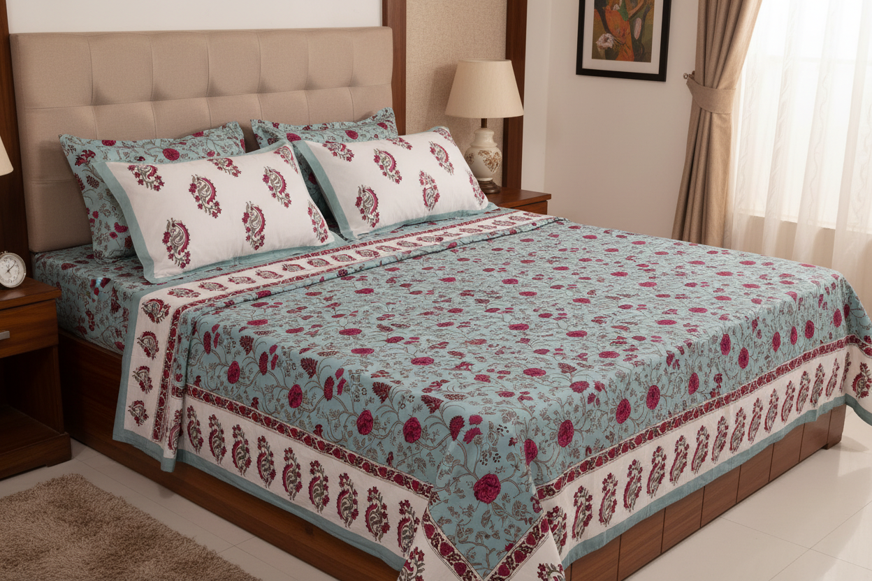 Sukoon - blue with dark pink floral jaal| Everyday cotton