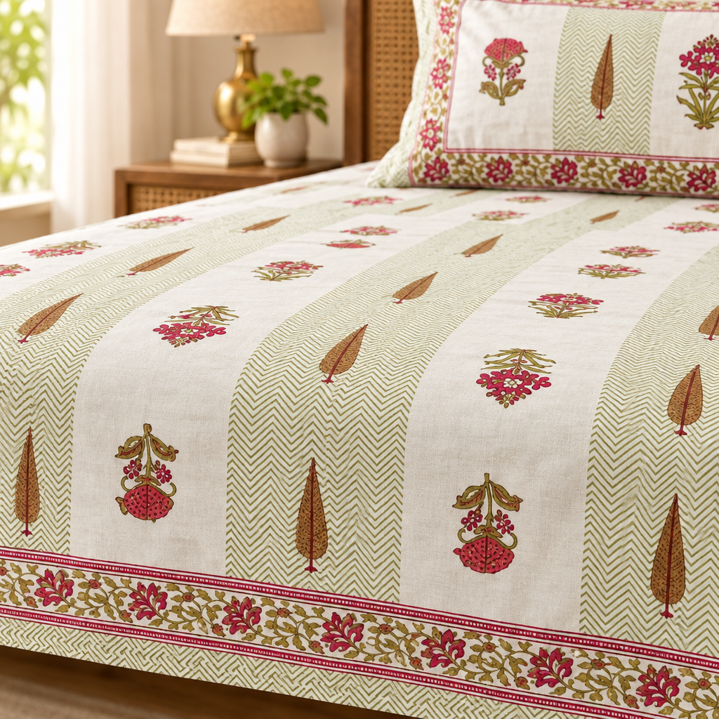 Tarang Pink and Green cotton bedsheet, view 3