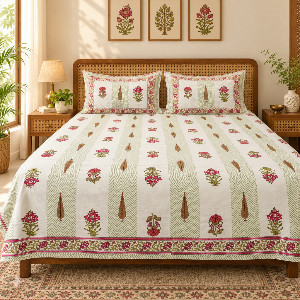 Tarang Pink and Green cotton bedsheet