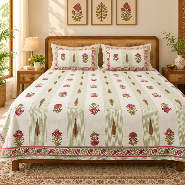 Tarang - Pink and Green | Everyday Cotton Bedsheet | Super King