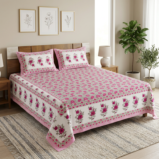 Grey-and-pink floral bedsheet styled on an elegant bed with wall art, a rug, and plants