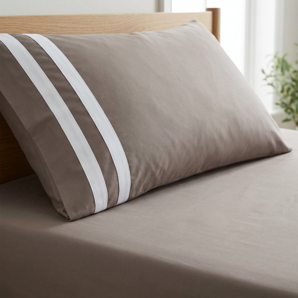 Grey bedsheet and double white stripe pillow detail