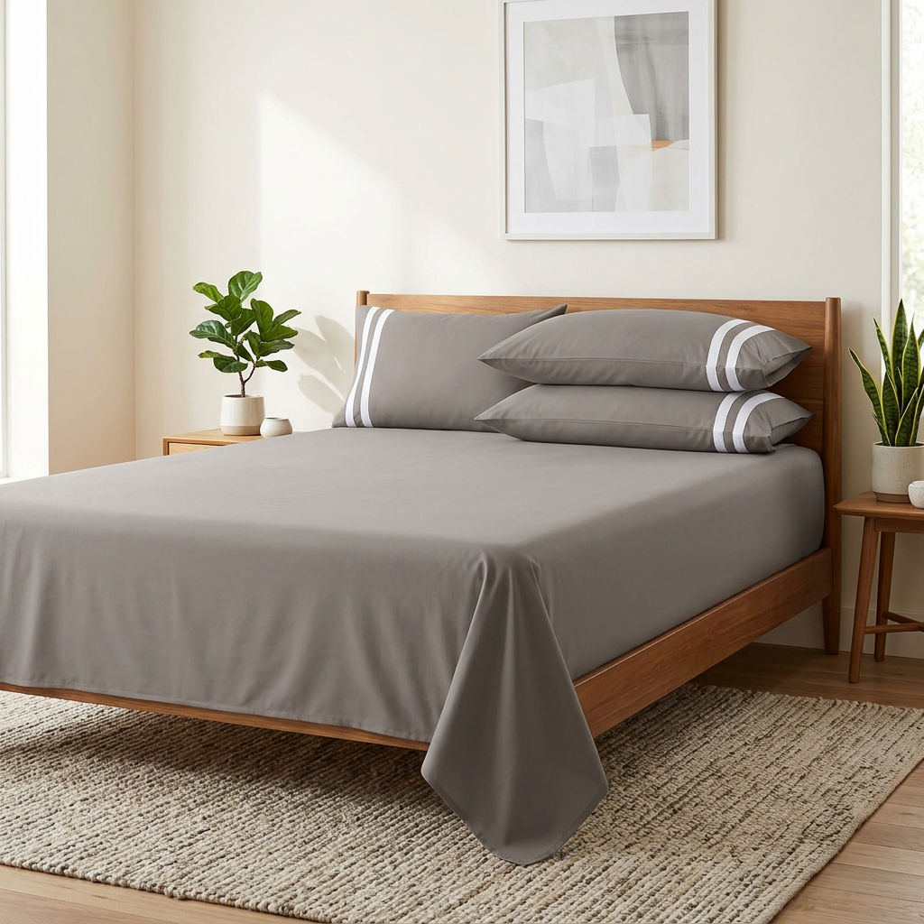 Grey bedsheet styled with a wooden bed, rug, wall art and plants