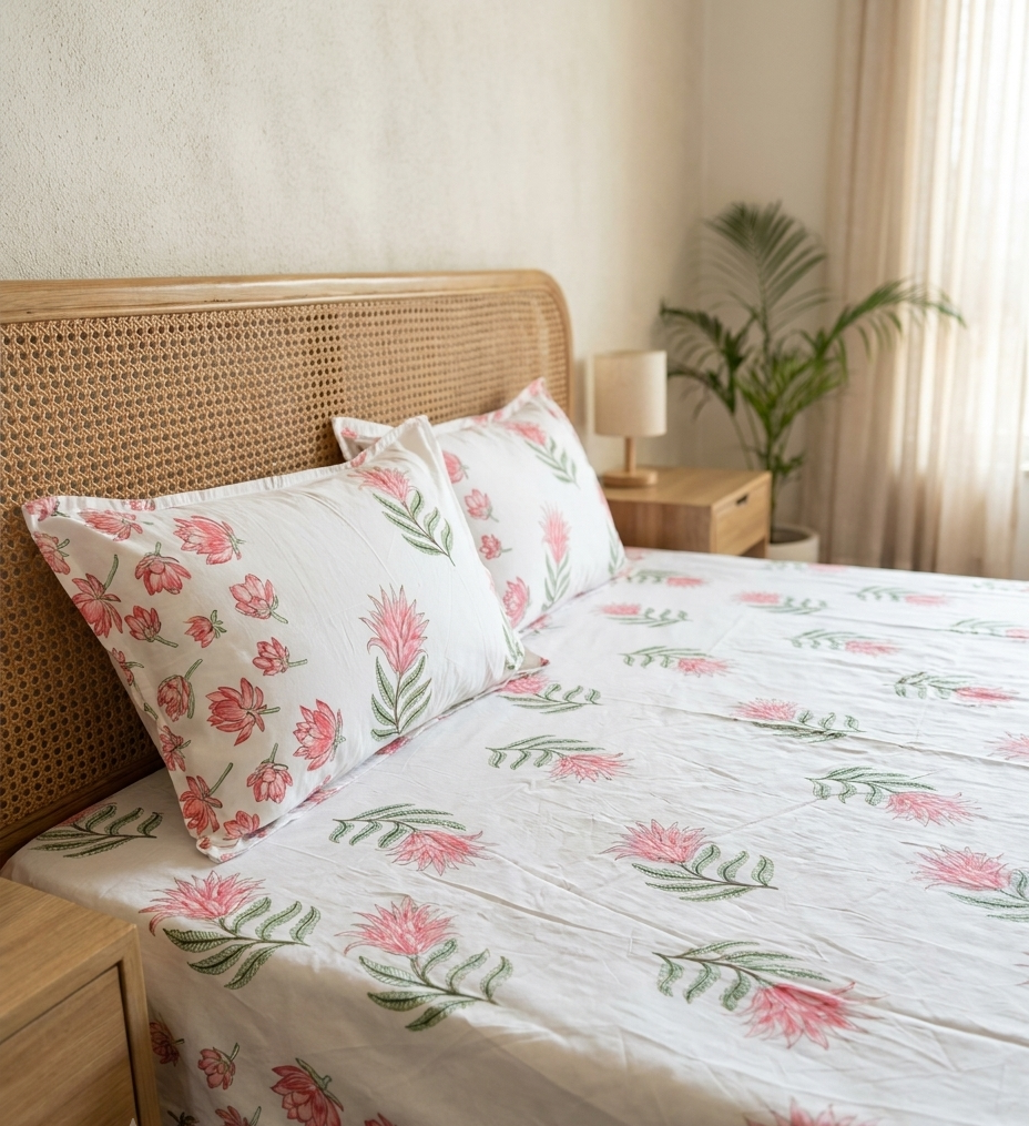 GUL 500 TC Arka Luxe Cotton bedsheet highlighting the white base, pink floral print, soft green foliage, and elegant border detailing.