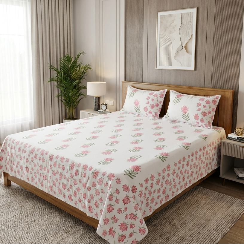 GUL Arka Luxe Cotton super king size bedsheet with pink floral hand block print-inspired design on a white base, 108 × 108 inches