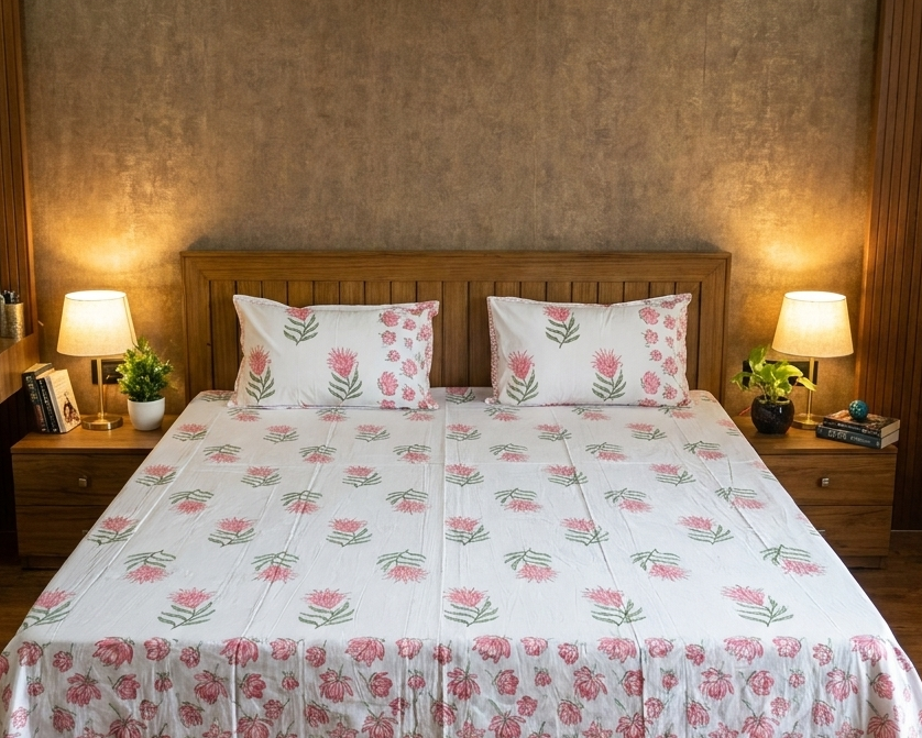 Close-up of the GUL Arka Luxe Cotton bedsheet showcasing the pink floral buta pattern and luxurious 500 TC fabric.