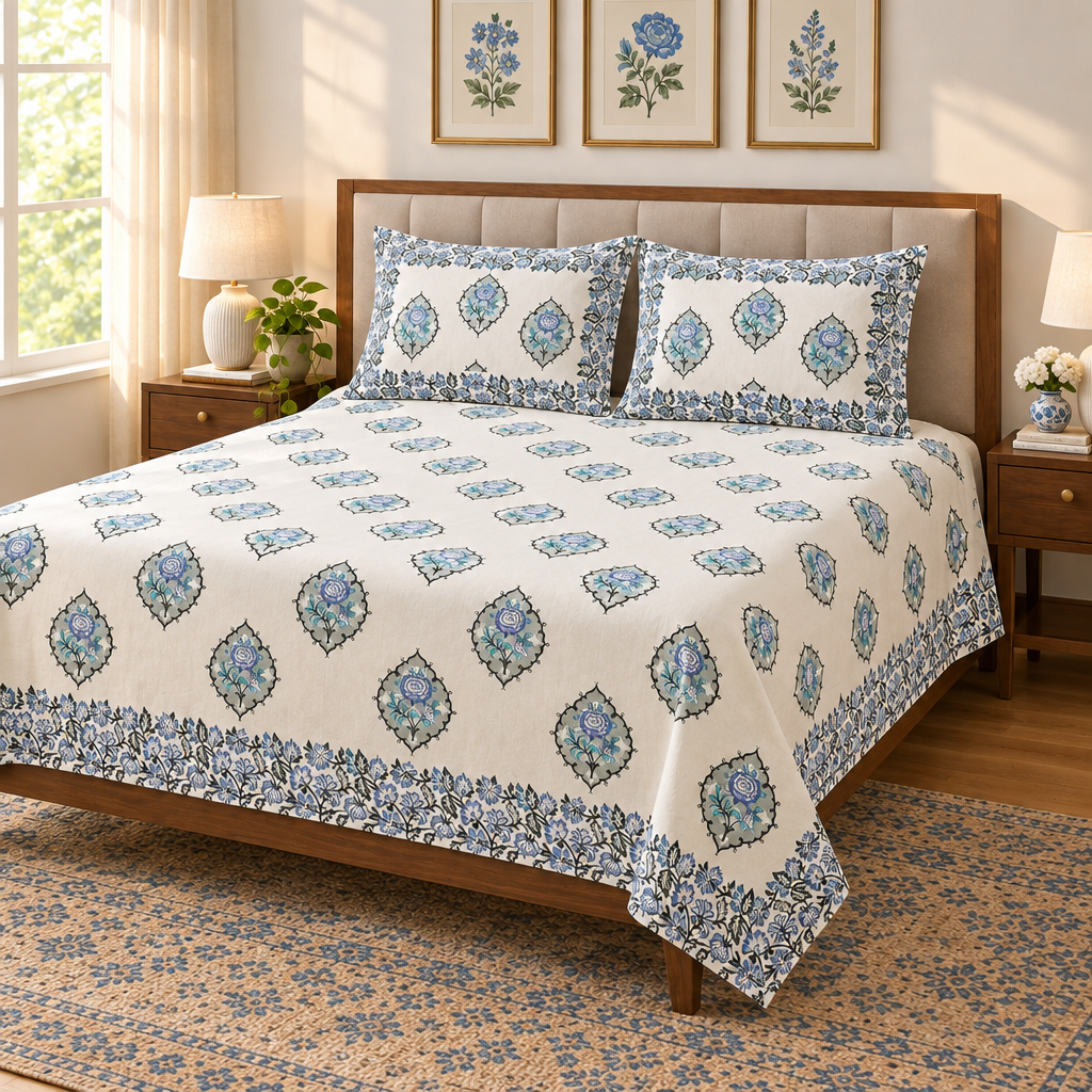 Gulab Blue bedsheet side view with four-sided pillow border