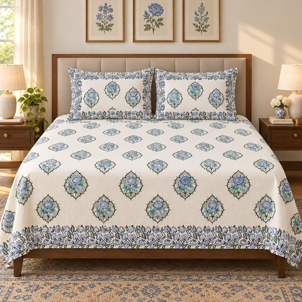 Gulab Blue bedsheet with four-sided pillow border