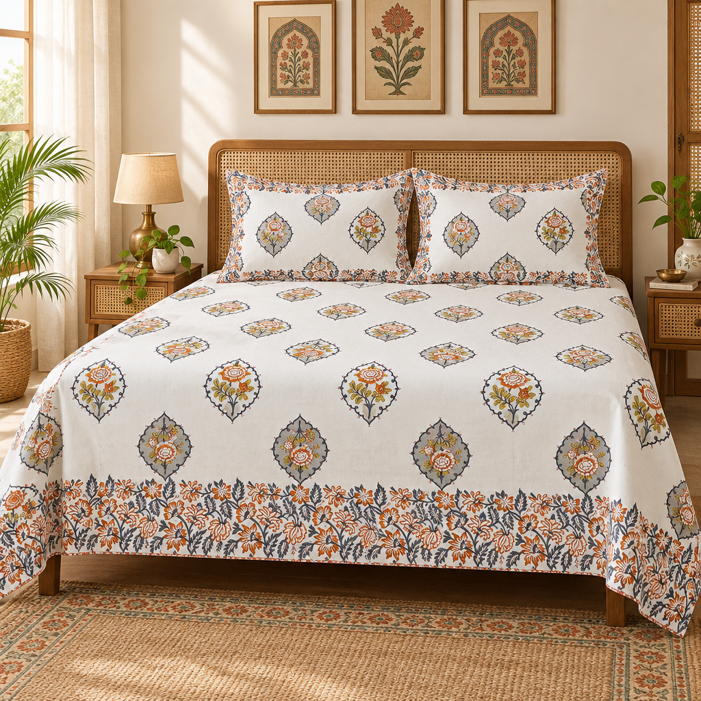 Gulab Grey bedsheet styled on an elegant bed with rug and wall art