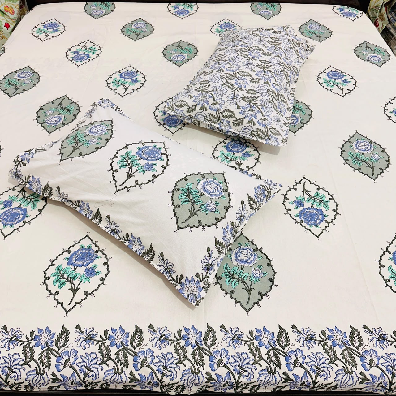 Gulab-Blue | Cotton Bedsheet set |Super King Size
