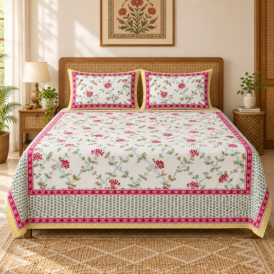 Gulmoohar Pink bedsheet styled with two matching pillows, rug, and wall art