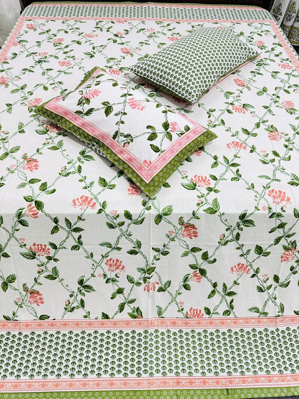 Gulmoohar- pink and green |Every day 100% cotton bedsheet | king size
