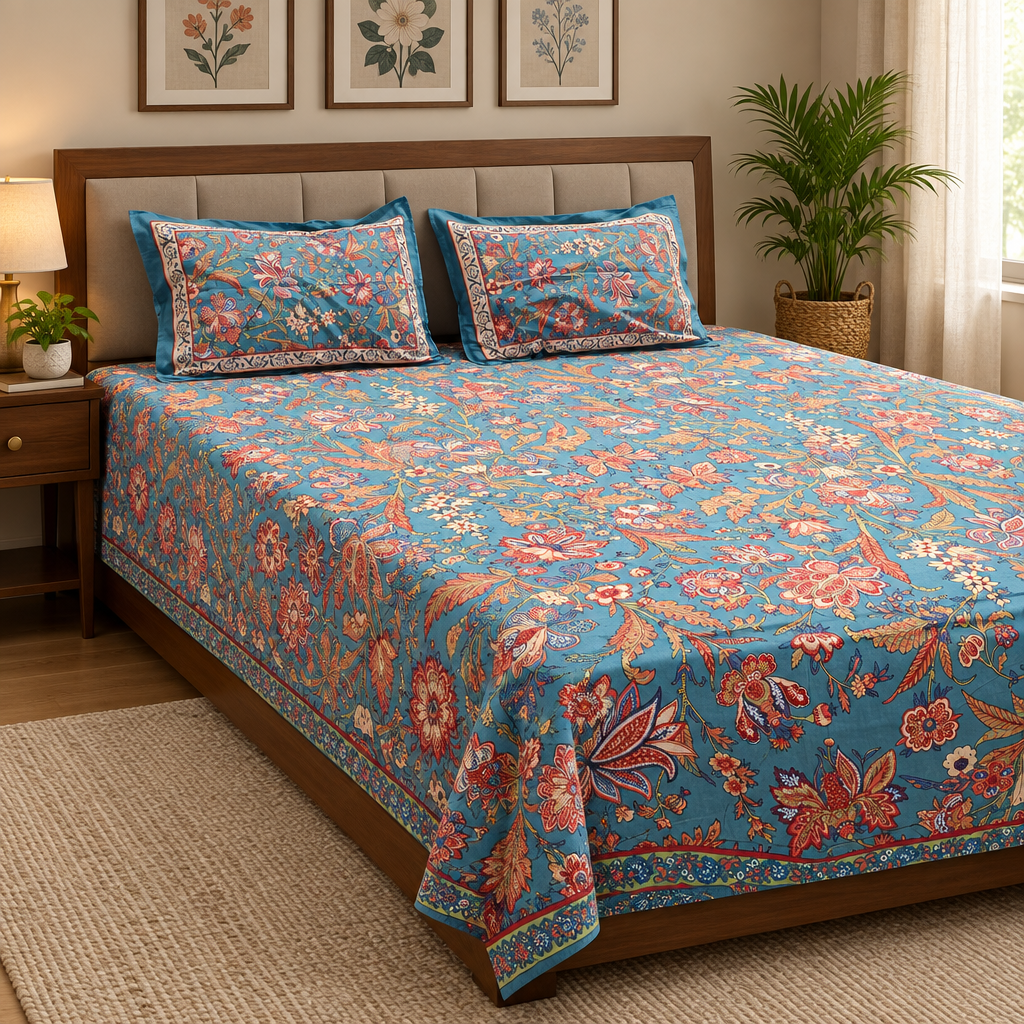 Side view of blue multi-flower discharge print bedsheet with matching pillows