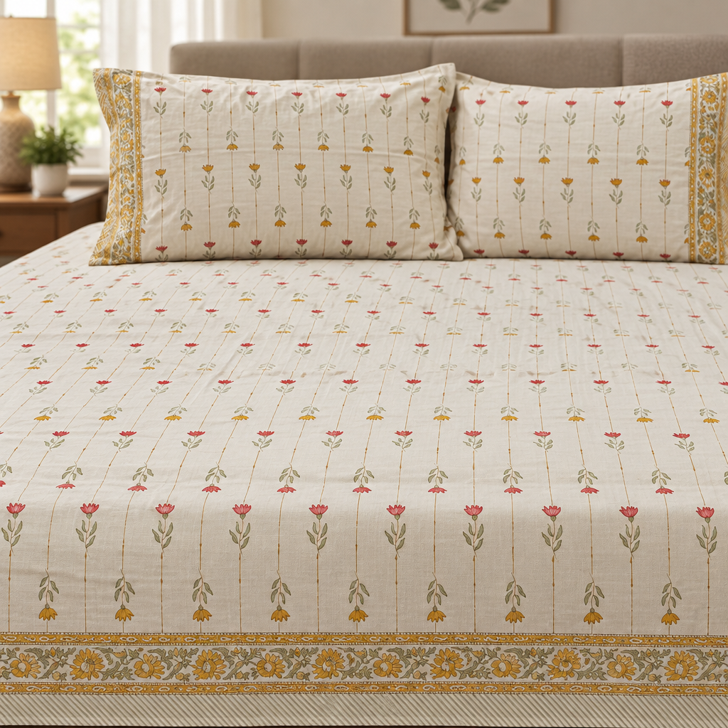 Close-up of ivory striped floral bedsheet print with small red, mustard, olive, and green motifs