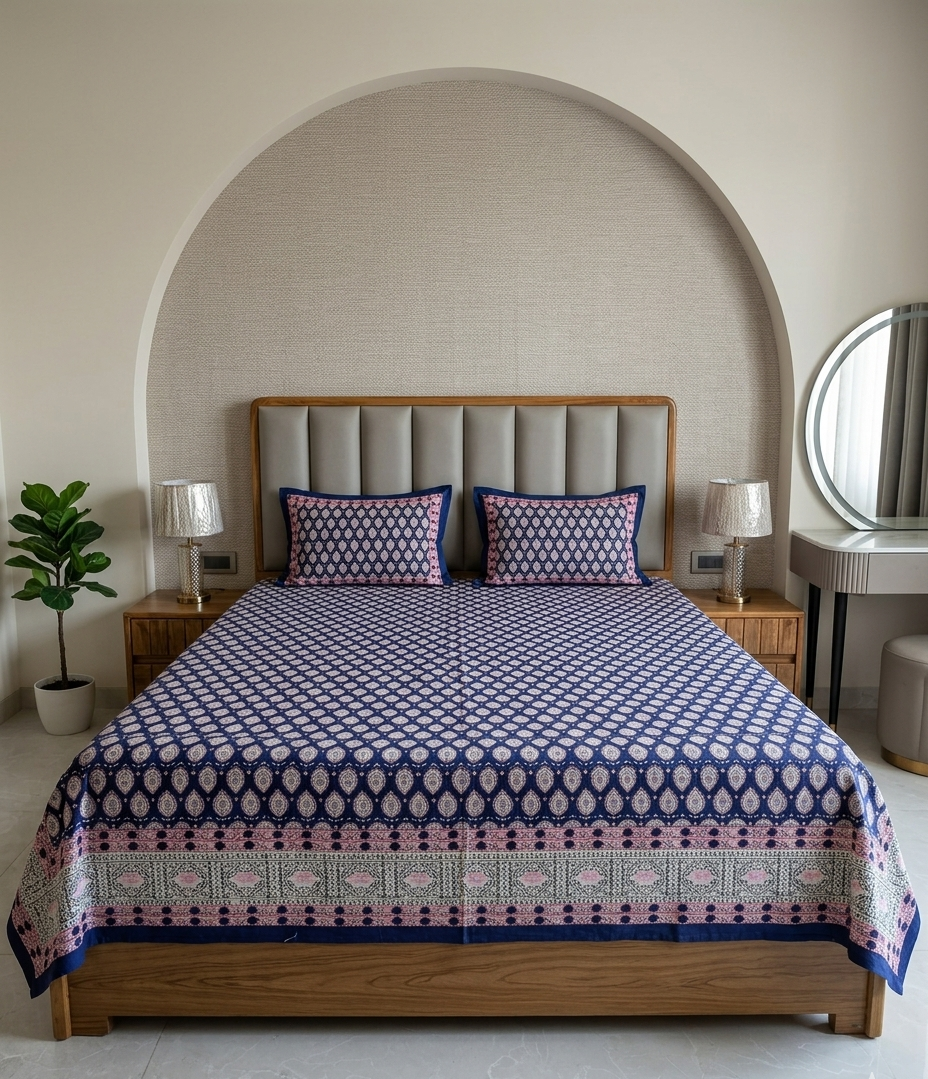 Indigo blue everyday cotton king size bedsheet with hand block print floral design