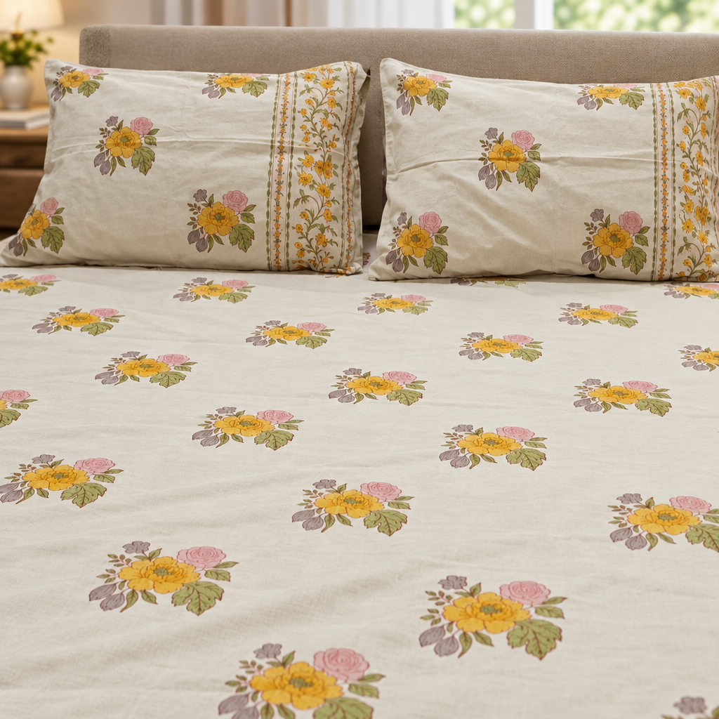 Ivory floral bedsheet print close view