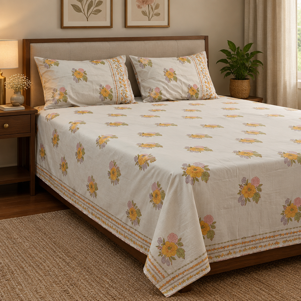 Ivory floral bedsheet side view