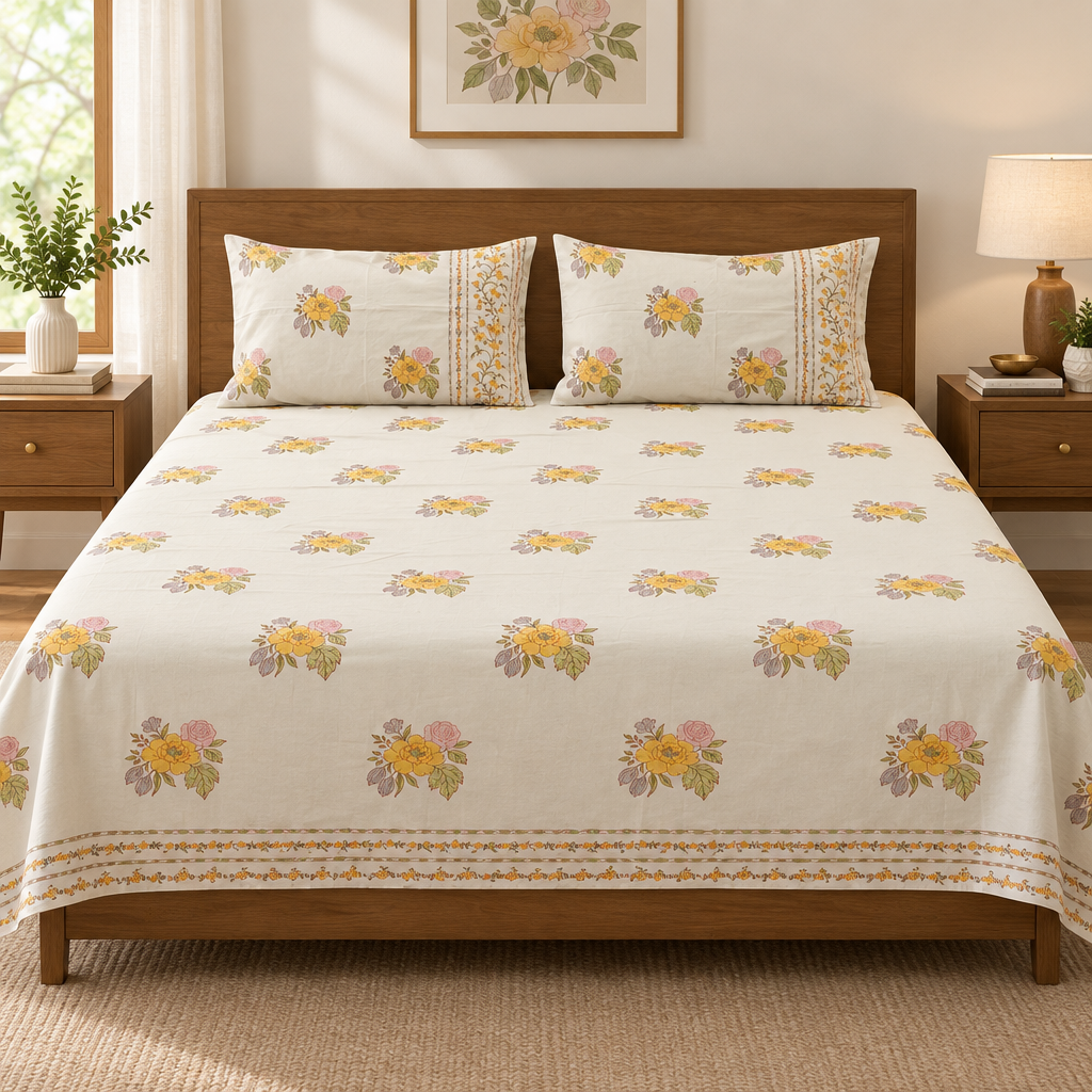 Ivory floral bedsheet styled with rug and wall art