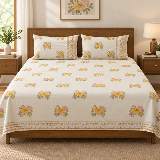 Ivory floral bedsheet styled with rug and wall art
