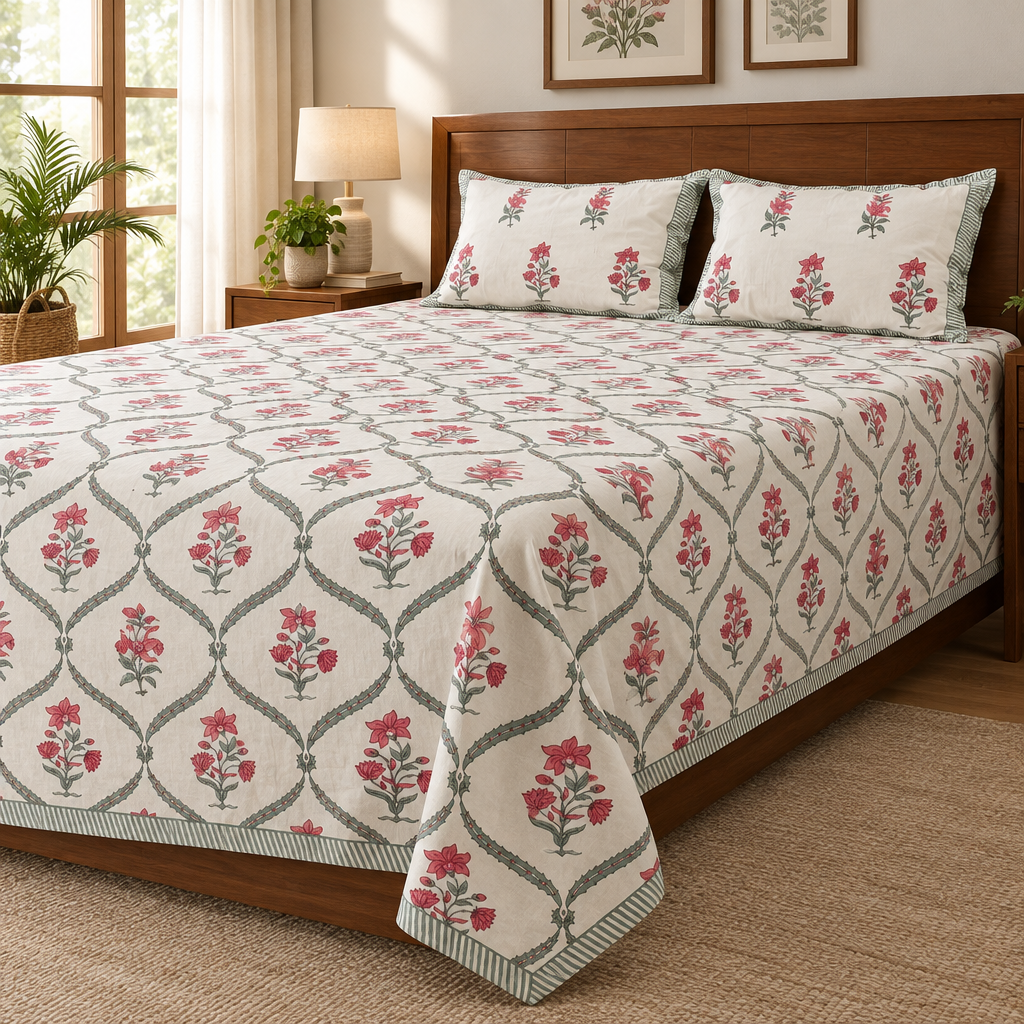 Ivory floral-lattice bedsheet three-quarter side view