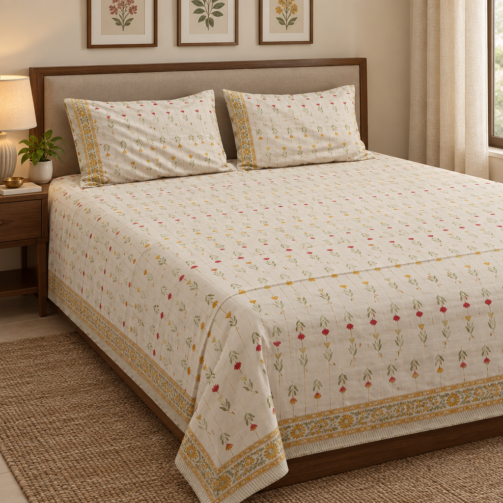 Ivory striped floral bedsheet side view