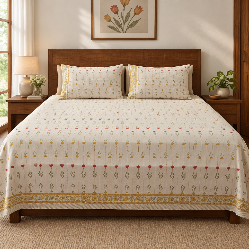Ivory striped floral bedsheet styled with rug and wall art