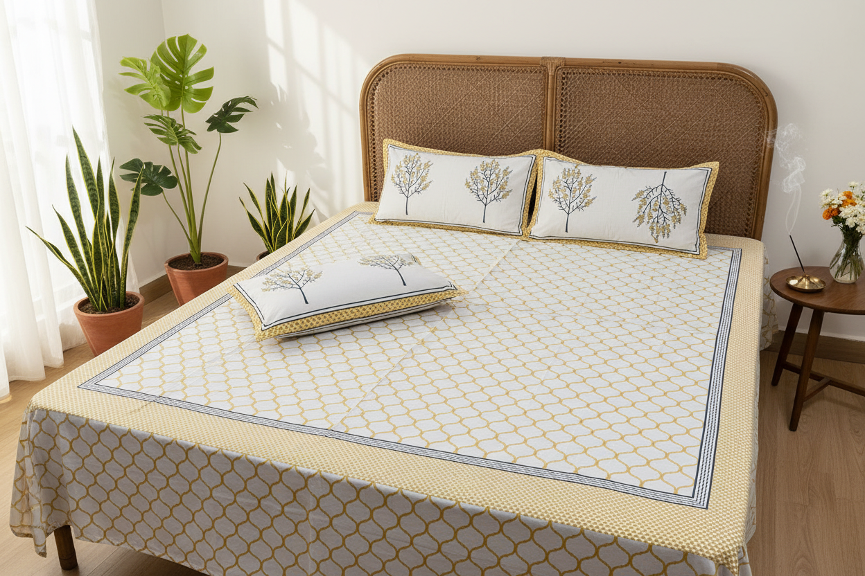 Jaal Beige Bedsheet on Cane Bed with Flowers and Dhoop