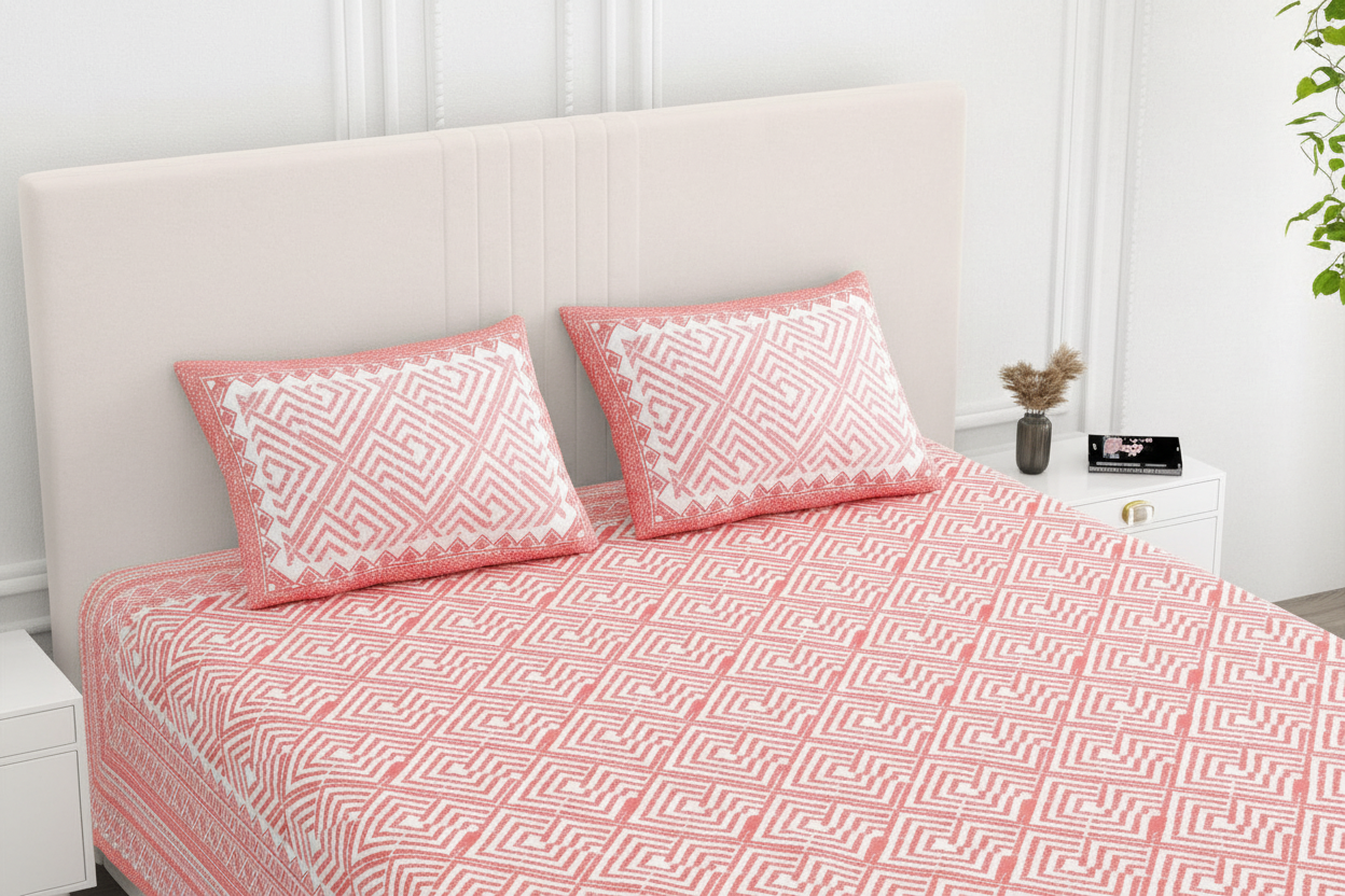 Jaamiti | Peach & White Everyday 100% Cotton Bedsheet | Super King Size