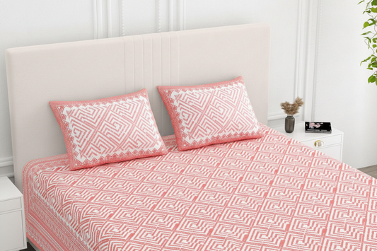 Jaamiti Peach and White cotton bedsheet, view 2