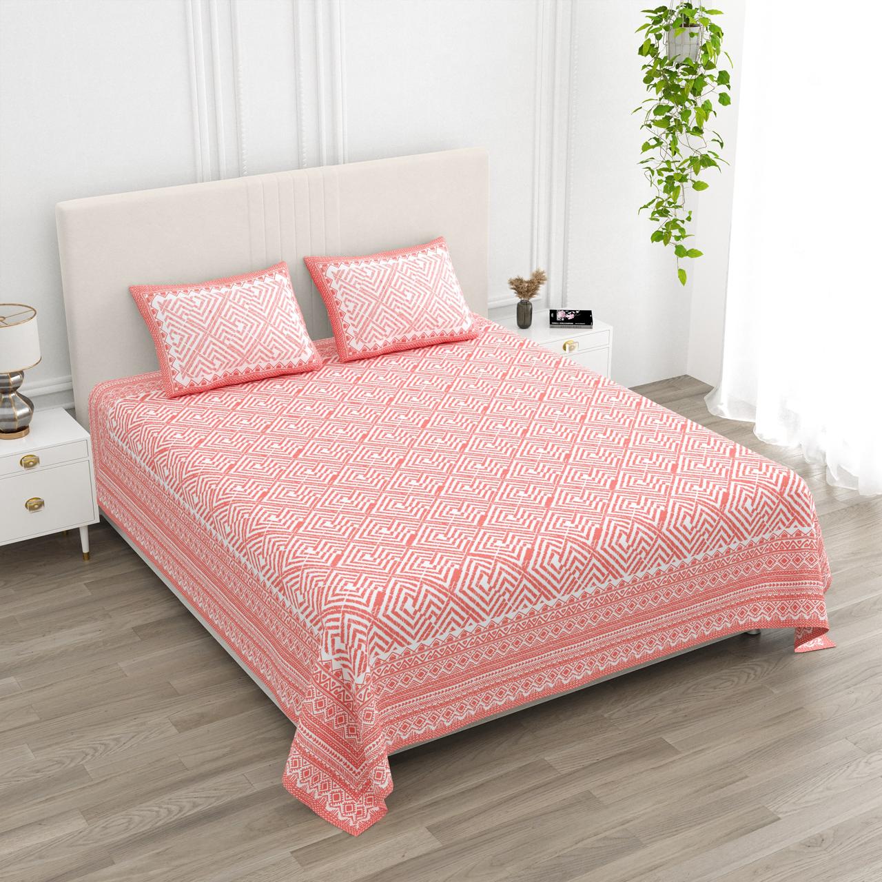 Jaamiti | Peach & White Everyday 100% Cotton Bedsheet | Super King Size