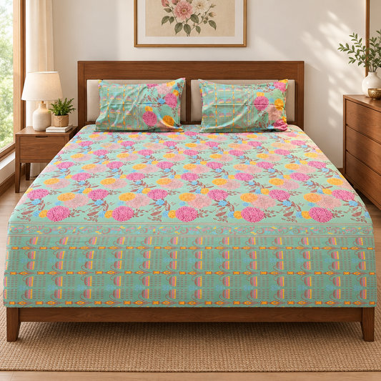 Jhumki bedsheet styled with rug and wall art
