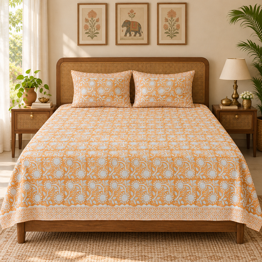 Kalakriti Peach bedsheet styled with rug and wall art
