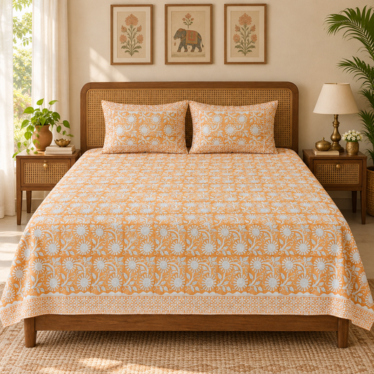 Kalakriti Peach bedsheet styled with rug and wall art