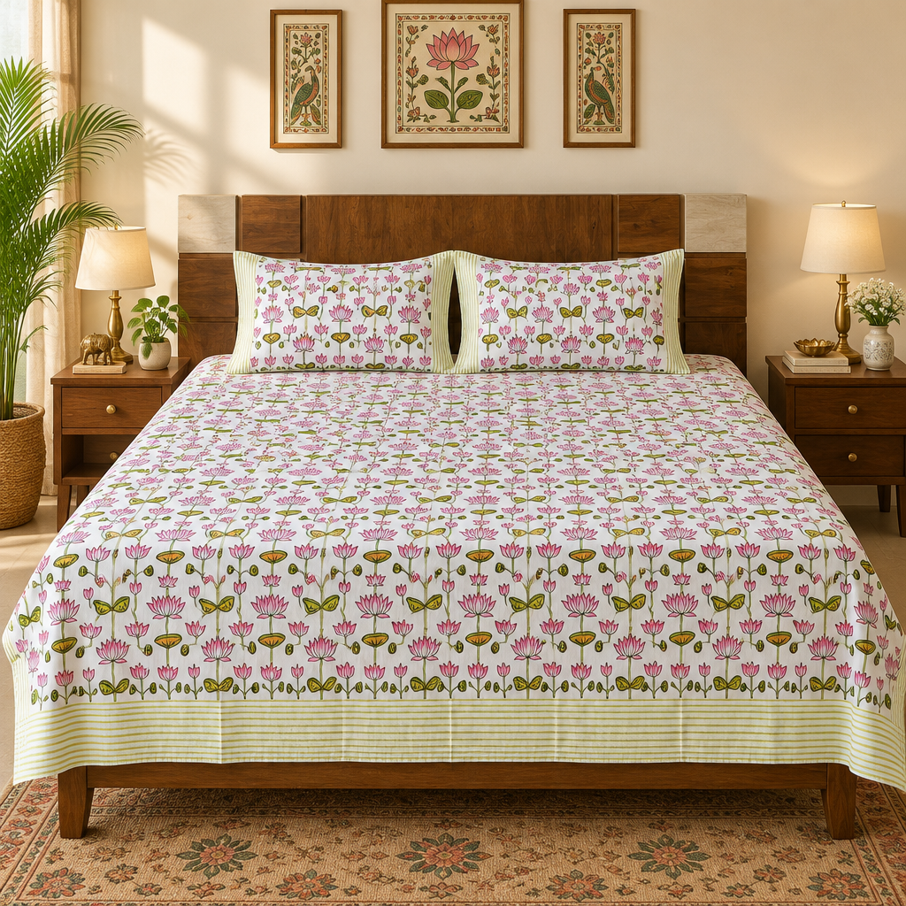 Kamli bedsheet styled with rug and wall art
