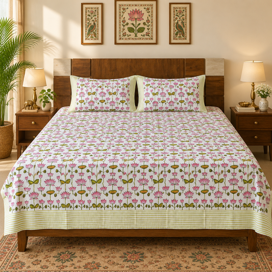 Kamli bedsheet styled with rug and wall art