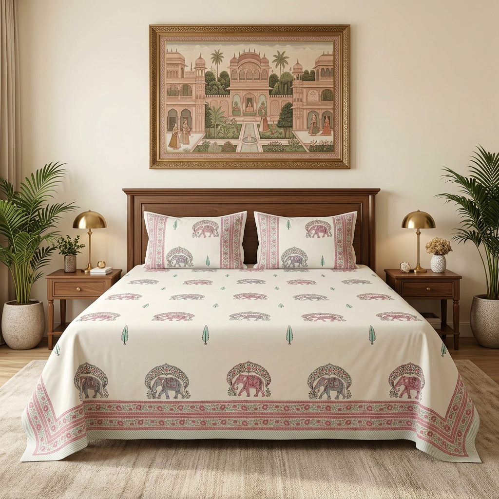 Large bed styled with traditional Indian wall art, lush plants and a plush neutral rug