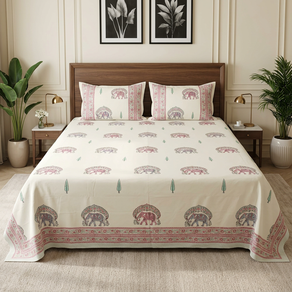Large Super King bed in a luxurious room with plants, wall art and a plush rug, without a top sheet