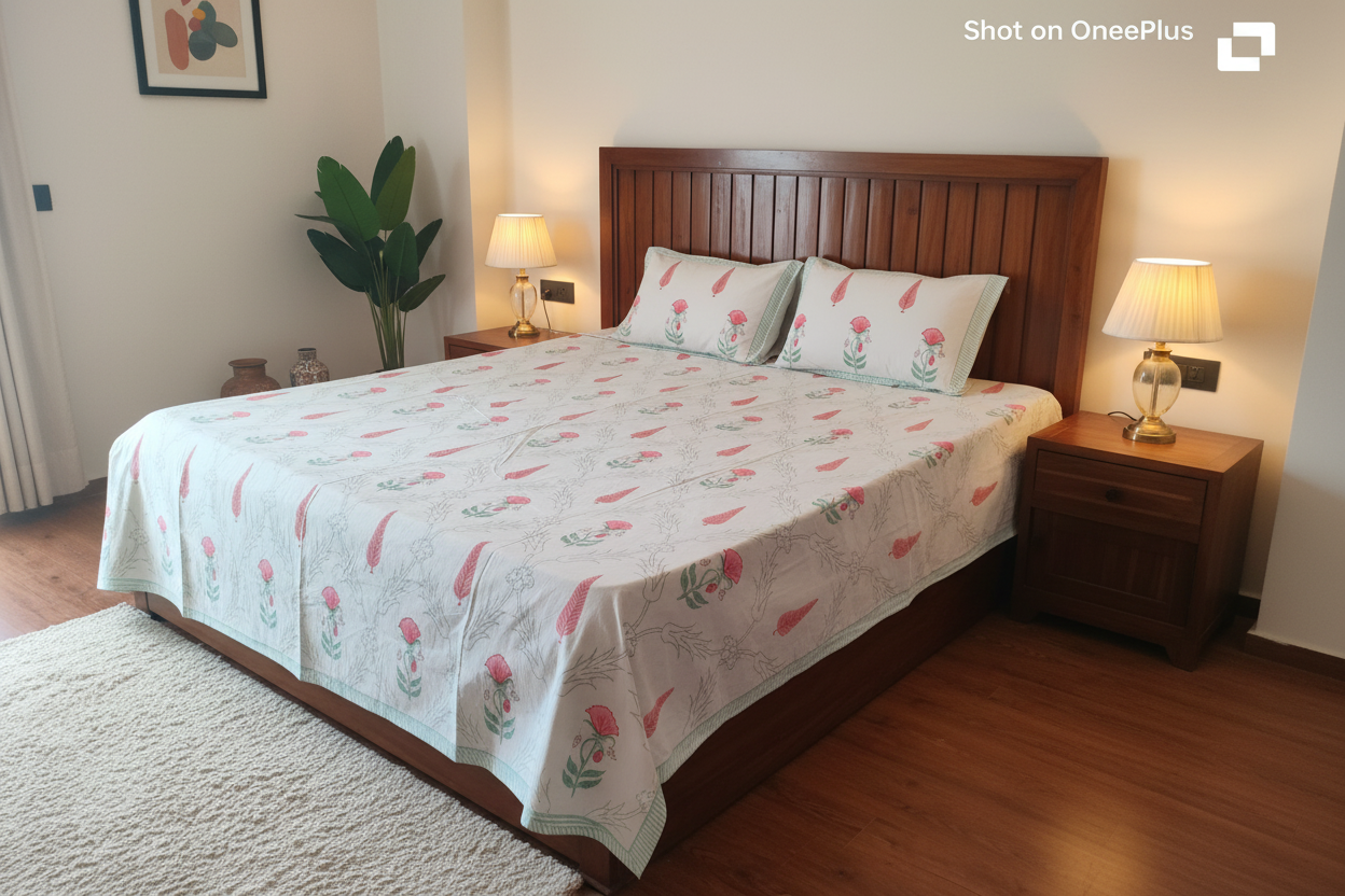 Pushpa -  peach and sage green bedsheet
