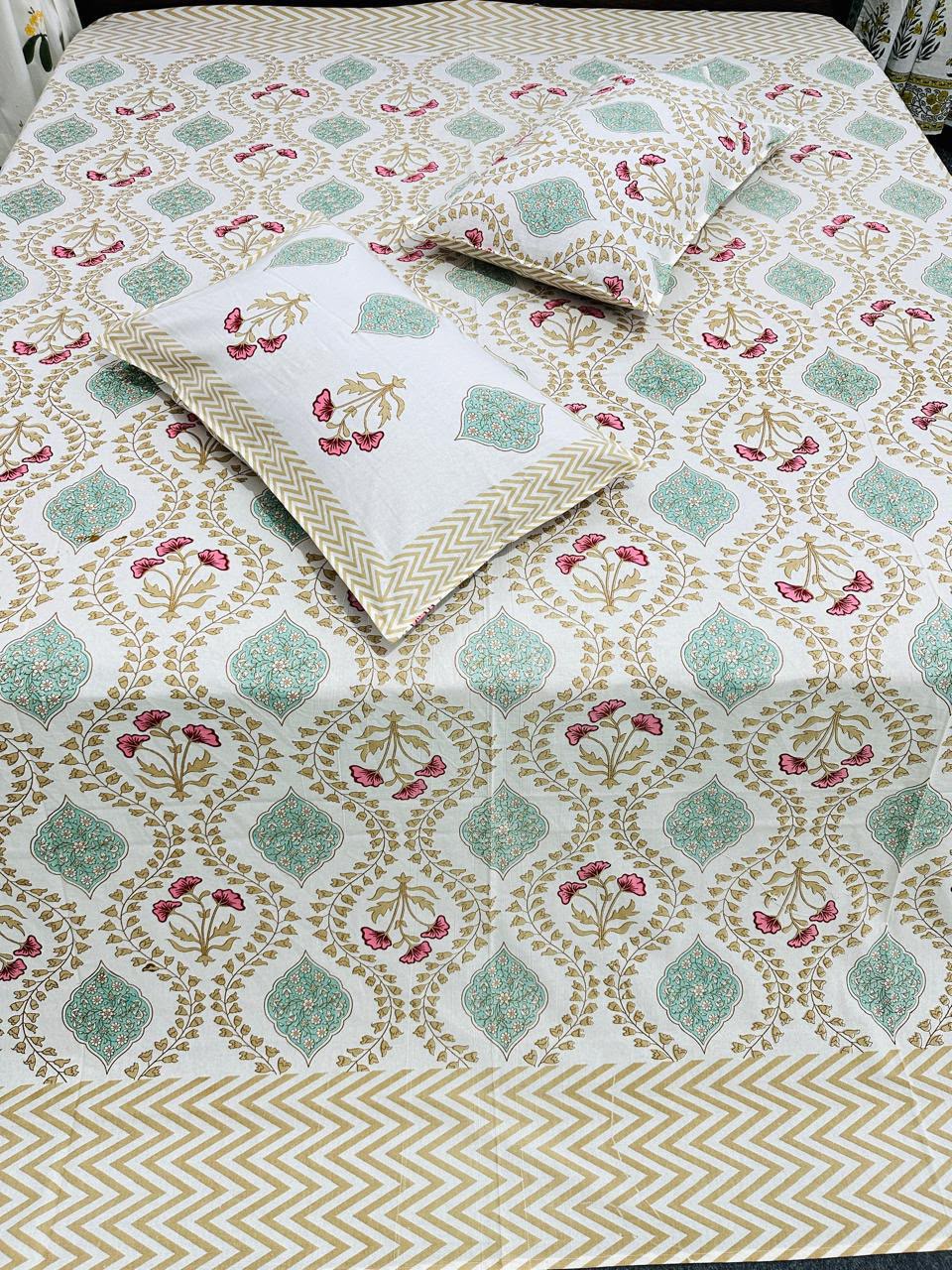 Megha- Teal green and pink |Everyday 100% cotton bedsheet | king size