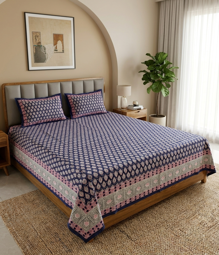Indigo blue everyday cotton king size bedsheet with hand block print floral design