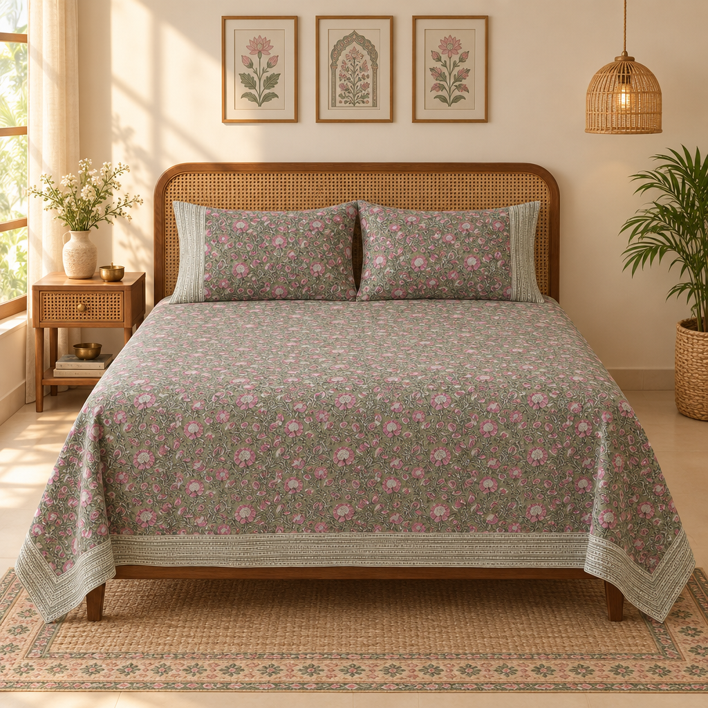 Pushanjali Olive Green and Pink cotton bedsheet