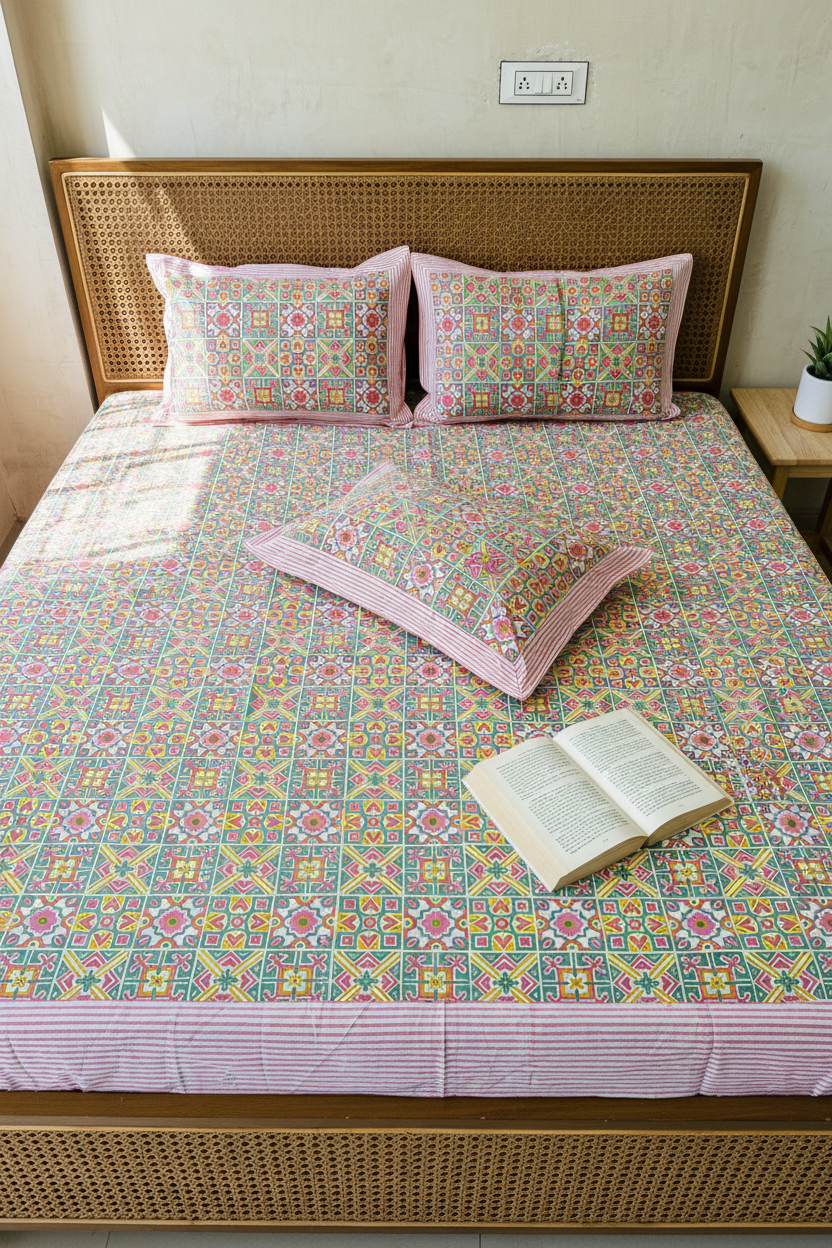 Thyor - Multi Color| Percale Cotton |Hand Block Bedsheet