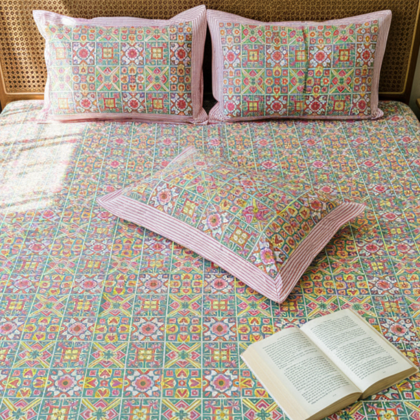 Thyor - Multi Color| Percale Cotton |Hand Block Bedsheet