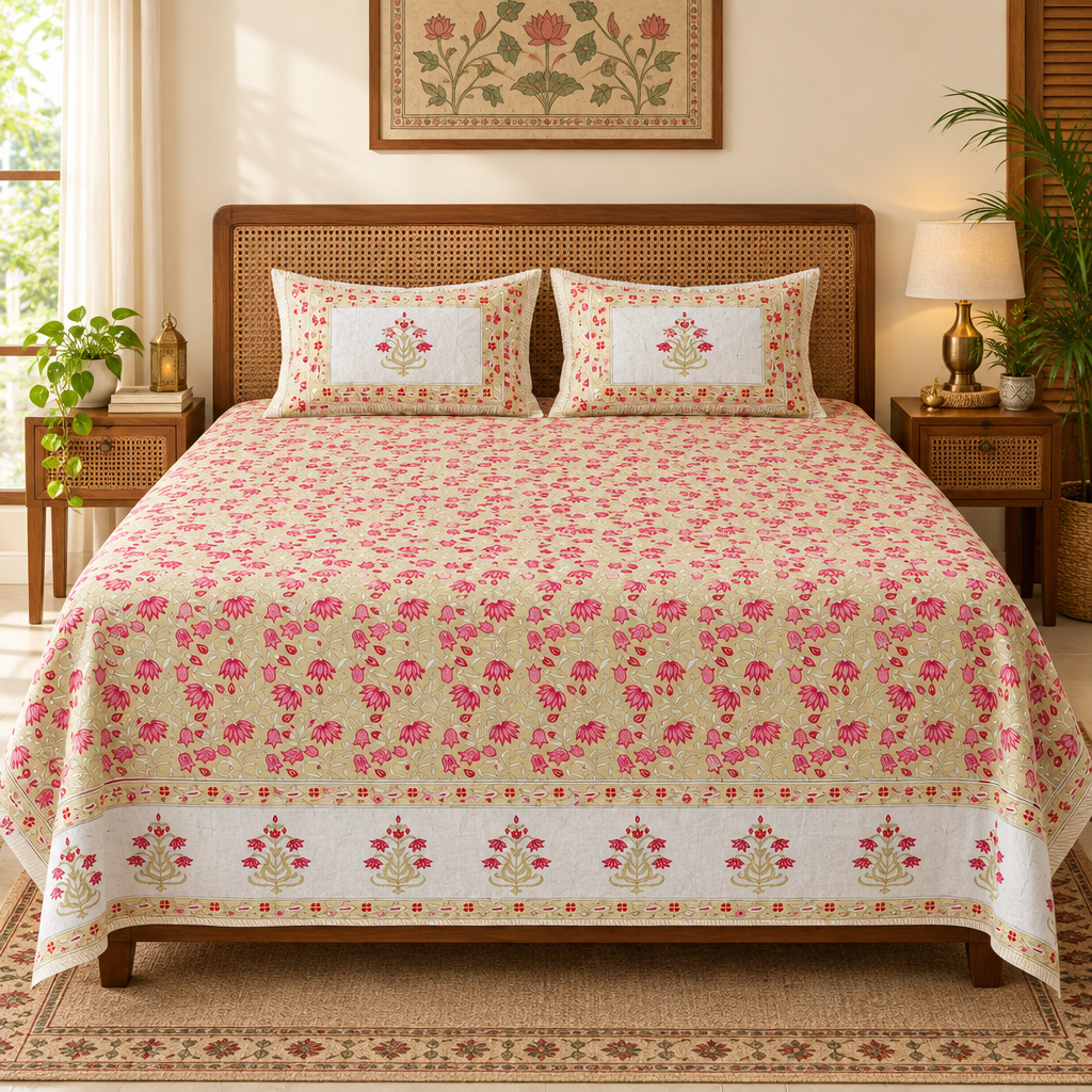 Parag bedsheet styled on an elegant bed with rug and wall art