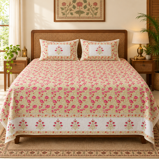Parag bedsheet styled on an elegant bed with rug and wall art